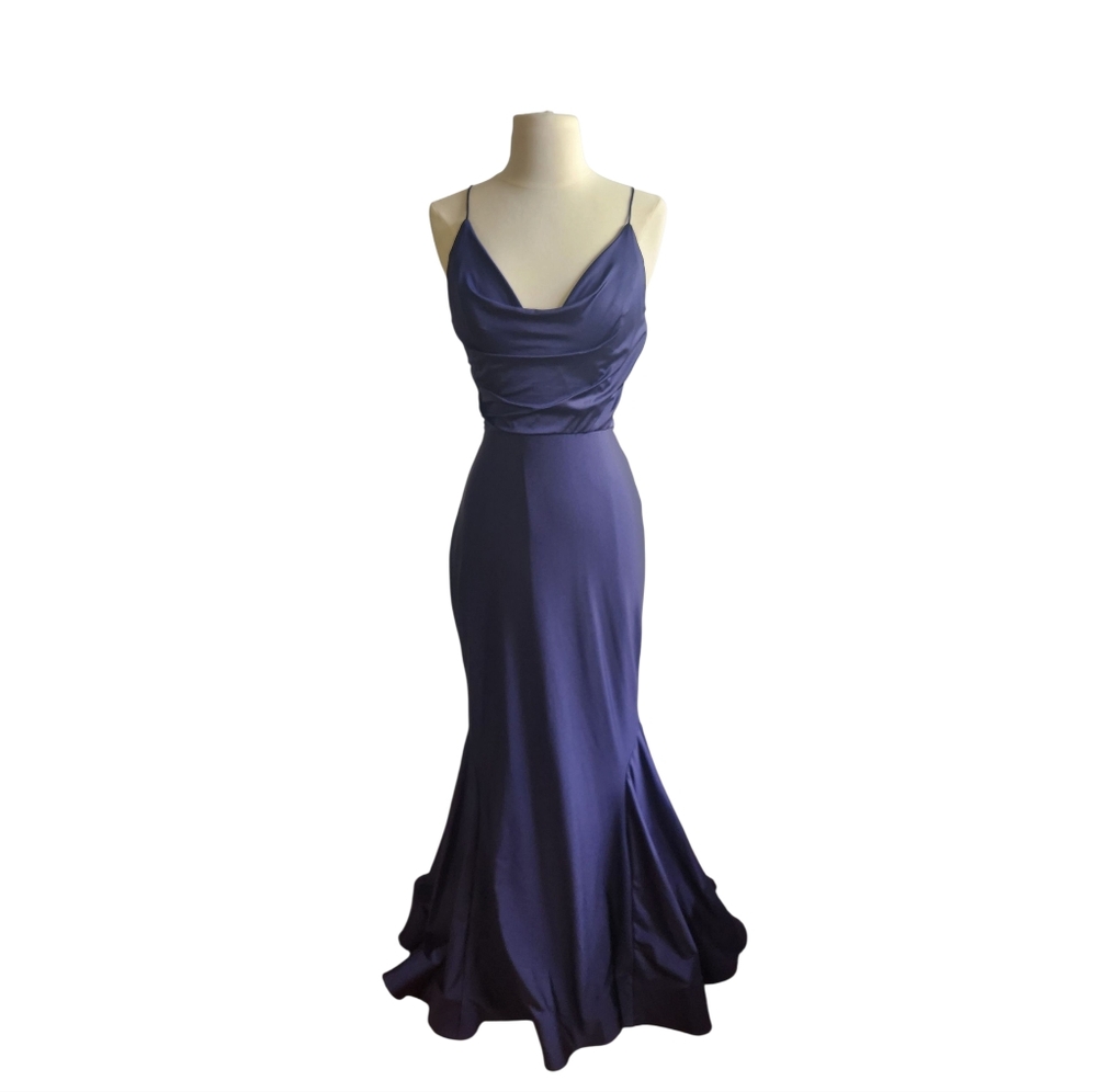 Bari Jay Blue Sleeveless Cowl Neck Prom Gown
